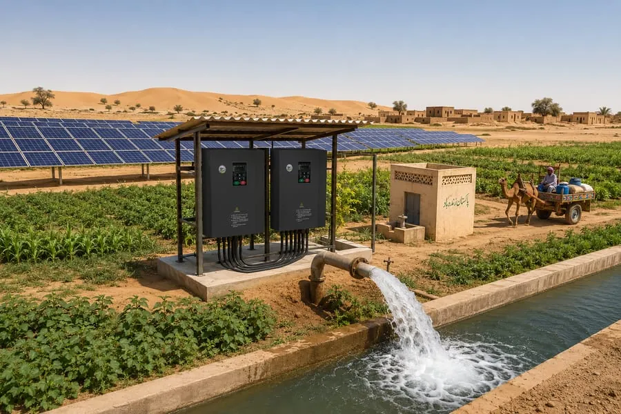 Two variable frequency drives on a solar-powered tubewell beside a desert farming village
