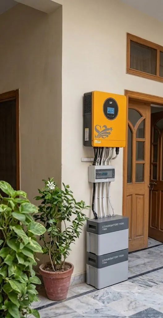 S3 Solar IP21 hybrid inverter (4.2 kW) with battery bank at a home entrance