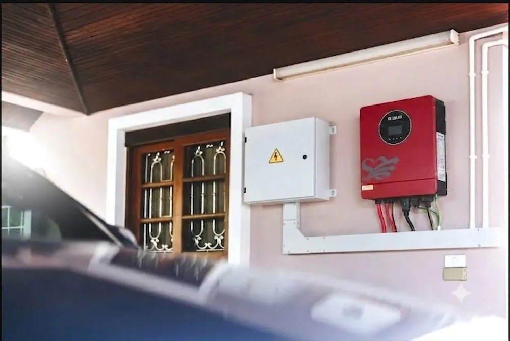 S3 Solar IP21 hybrid inverter (6.2 kW) mounted on an exterior wall