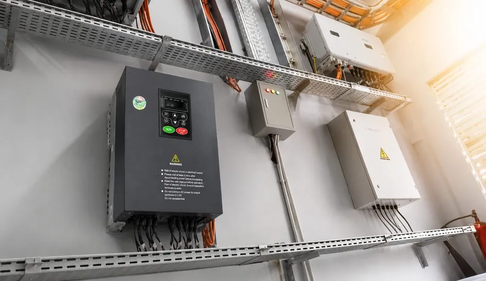 Variable frequency drive mounted in an industrial electrical room