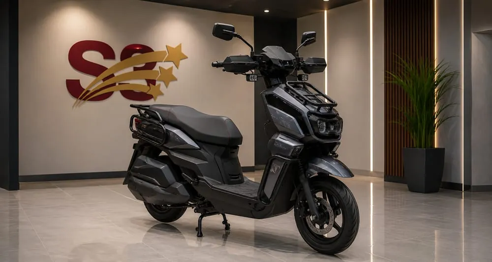 An S3 Bikes TANK3 electric scooter in a showroom beside the S3 wall logo