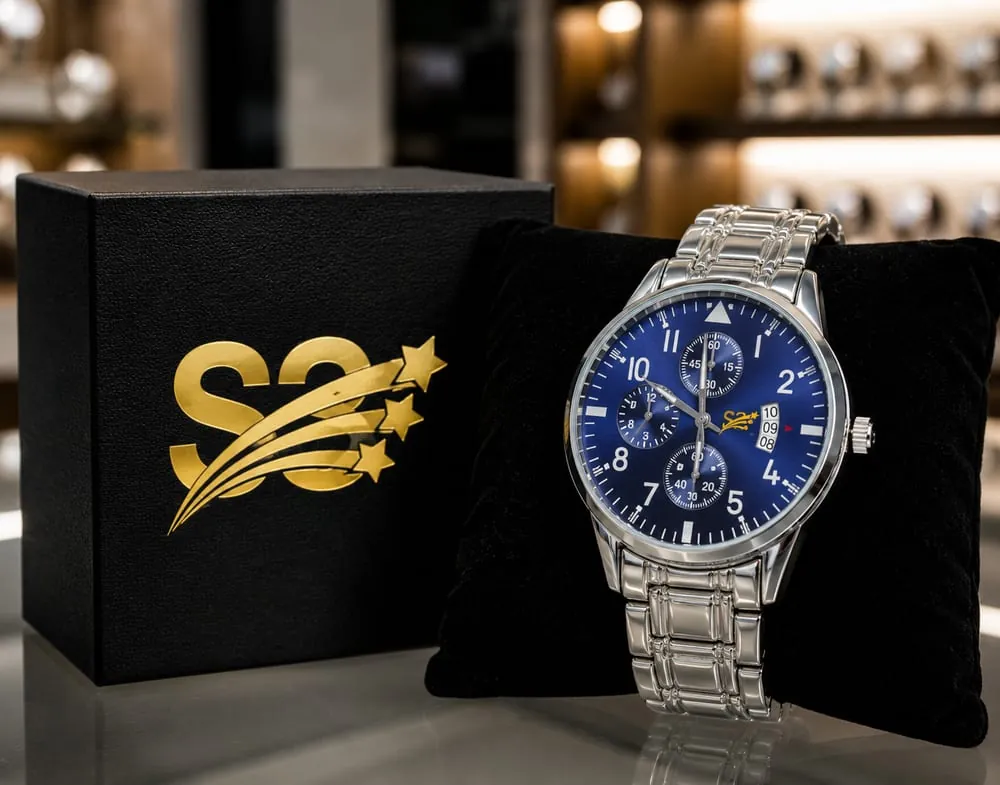S3 watch with a silver case and bracelet and a blue chronograph dial, beside its S3 presentation box