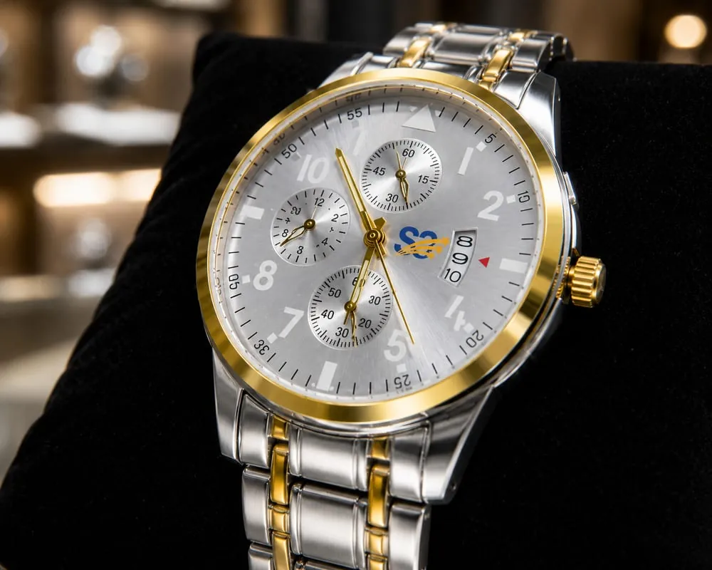 Close view of the silver dial and the gold bezel