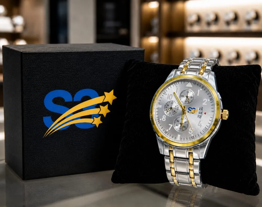 S3 watch with a two-tone silver and gold bracelet and a silver dial, beside its S3 presentation box